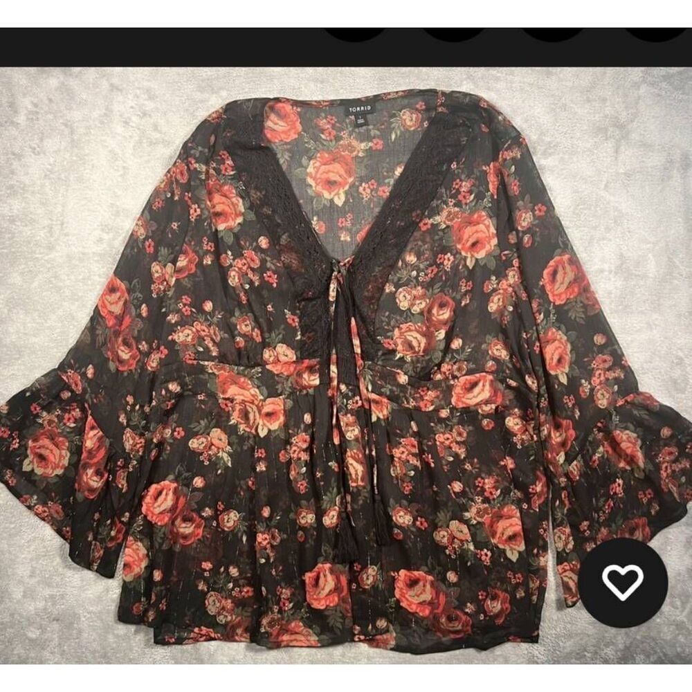 TORRID Womens Size 3X Burgundy Floral V-Neck Tunic Blouse Tassels Lace Trim